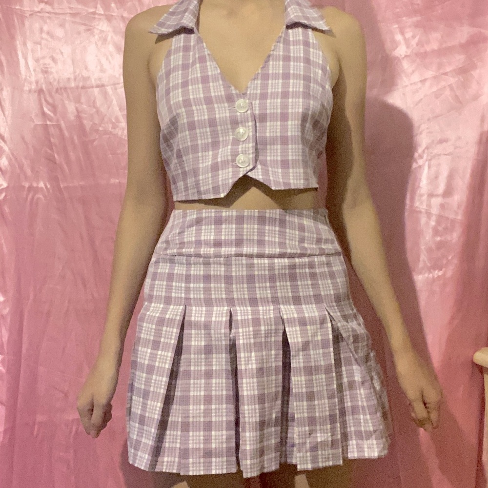 Y2K Purple Plaid ButtonUp Collared Halter Top w/Matching Skirt